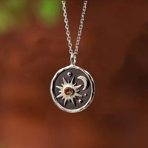 18K White Gold Sun And Moon Medallion Pendant With Amber Gemstone Inlay